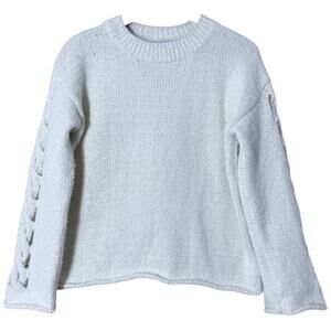 Fate Crewneck Chunky Knit Sweater Textured Lace Detail Sleeves Size Medium White
